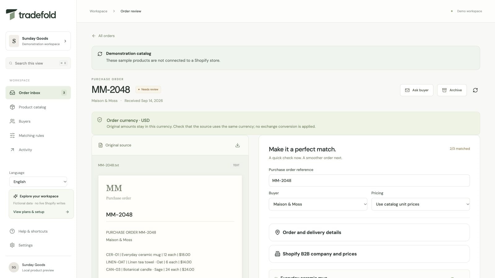 Tradefold's real source review screen, showing a fictional purchase order alongside product matching and unit checks.